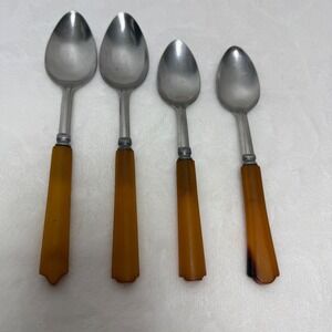 VTG Butterscotch Bakelite Handle Spoons Stainless Steel Set of 4 Mixed Sizes SEE